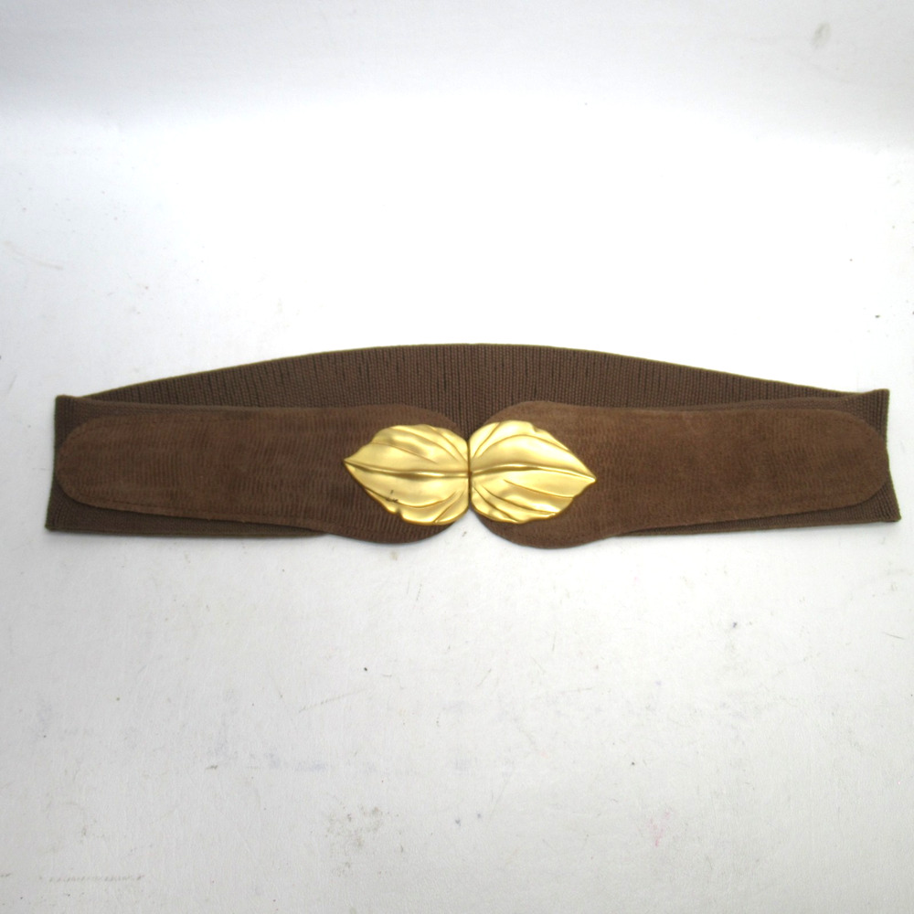 Vtg Axcess Waist Belt Women M Brown Suede Leather Stretch Gold Tone Leaf Hook